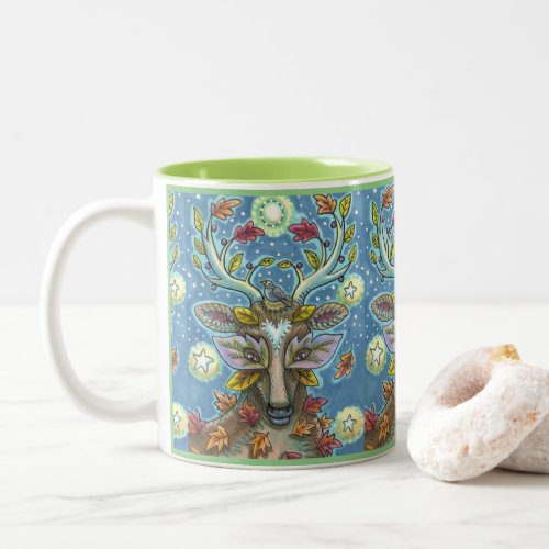 FOLK ART DEER IN AUTUMN FOREST BIRD NEST  MOON Two_Tone COFFEE MUG