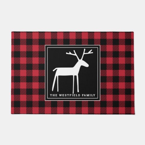 Folk Art Deer Red Black Buffalo Plaid Name Doormat