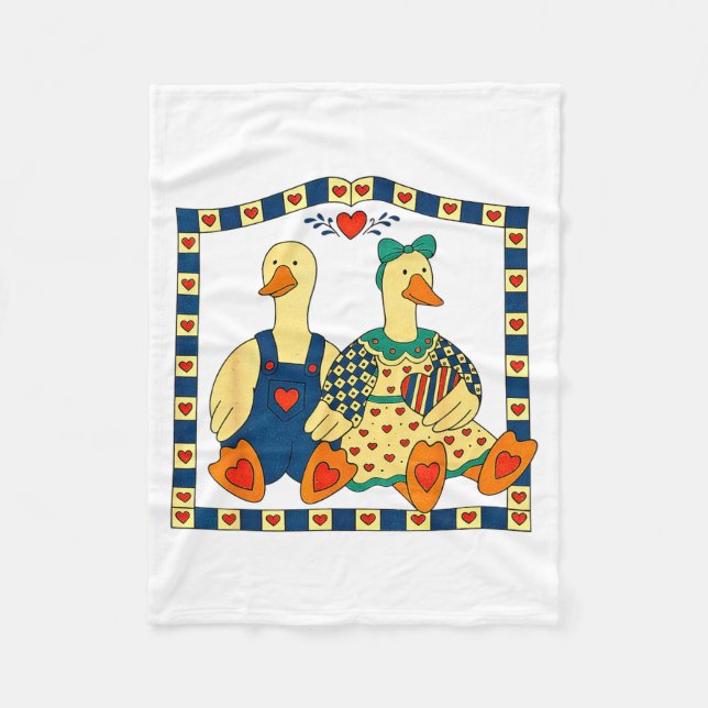 Folk Art Duck Couple With Hearts Country Farmhouse Fleece Blanket (Front)