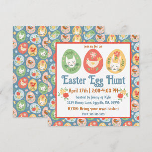 Folk Art Easter Egg Cat, Bunny, Chick Easter Invitation