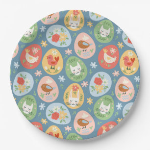 Folk Art Easter Egg Cat, Bunny, Chick Easter Paper Plates