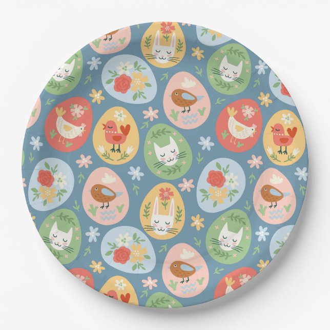Folk Art Easter Egg Cat, Bunny, Chick Easter Paper Plates (Front)