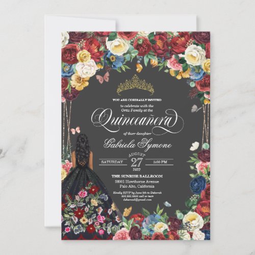  Folk Art Embroidery Butterfly Floral Quinceanera  Invitation