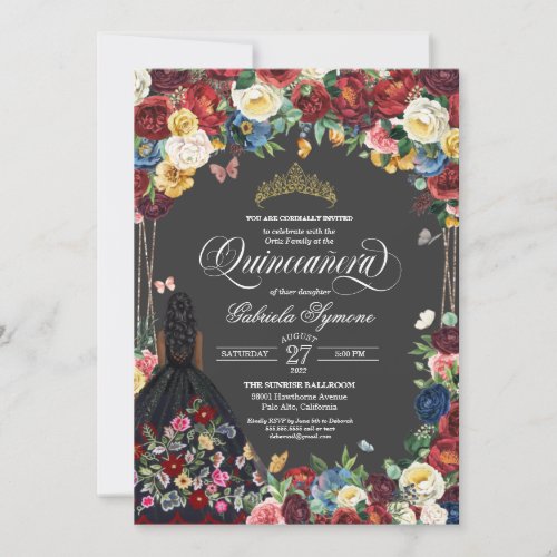  Folk Art Embroidery Butterfly Floral Quinceanera  Invitation