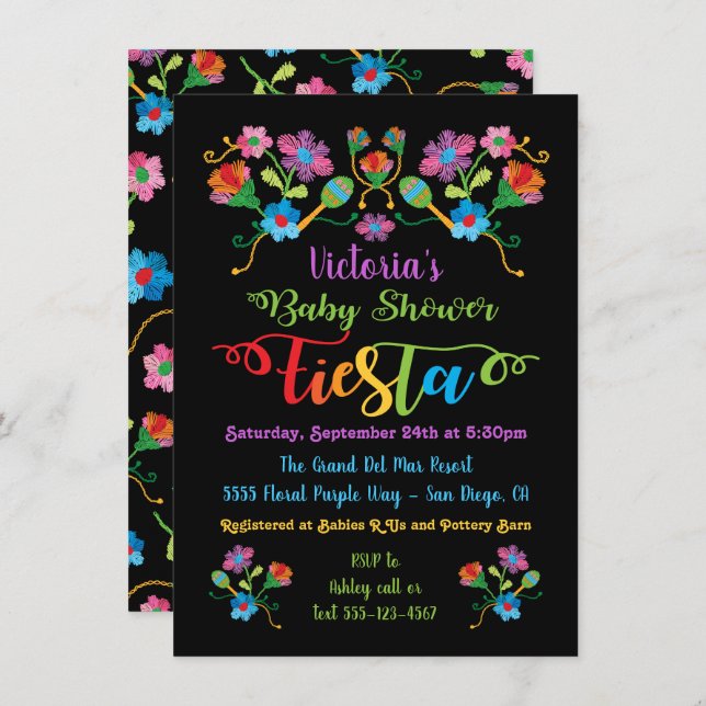 Folk Art Embroidery Mexican Fiesta Baby Shower Invitation (Front/Back)