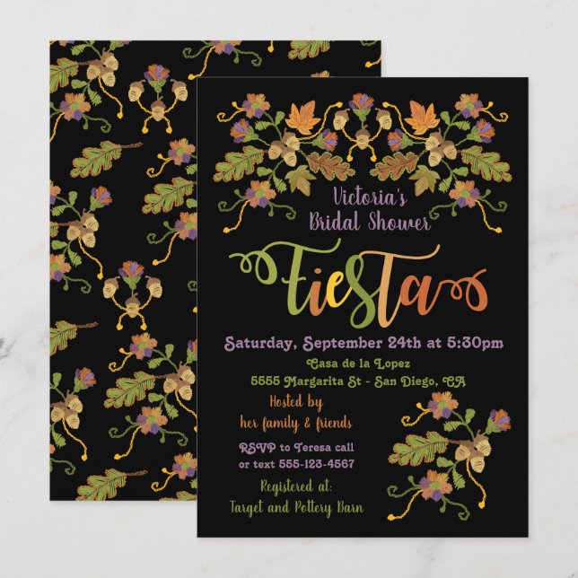 Folk Art Embroidery Mexican Fiesta Bridal Shower Invitation (Front/Back)