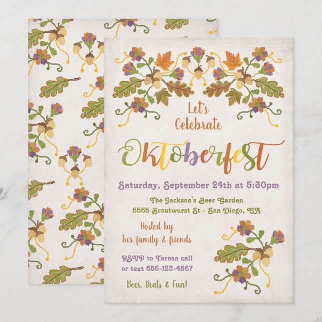 Folk Art Embroidery Oktoberfest Invitations (Front/Back)