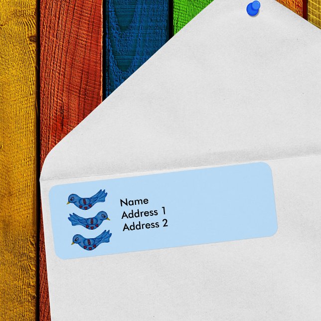 Folk Art Fantasy Cute Blue Bird Red Hearts Label (Three folk art type bluebirds with red hearts on light blue return address labels.)