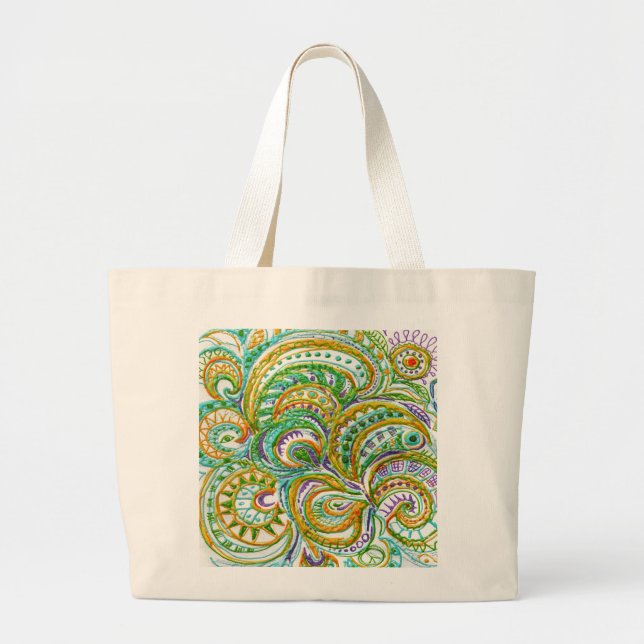 Folk Art Fantasy Pattern Large Tote Bag (Front)