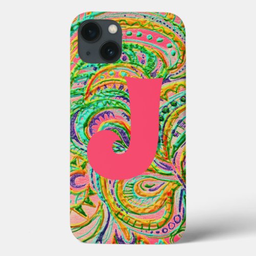 Folk Art Fantasy Pattern  Monogram iPhone 13 Case