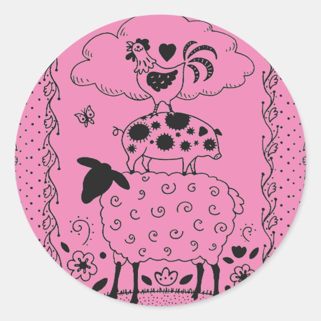 FOLK ART FARM ANIMALS SHEEP, PIG, ROOSTER CLASSIC ROUND STICKER (Front)