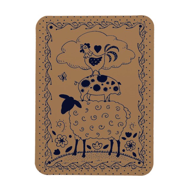 FOLK ART FARM ANIMALS SHEEP, PIG, ROOSTER Country Magnet (Vertical)