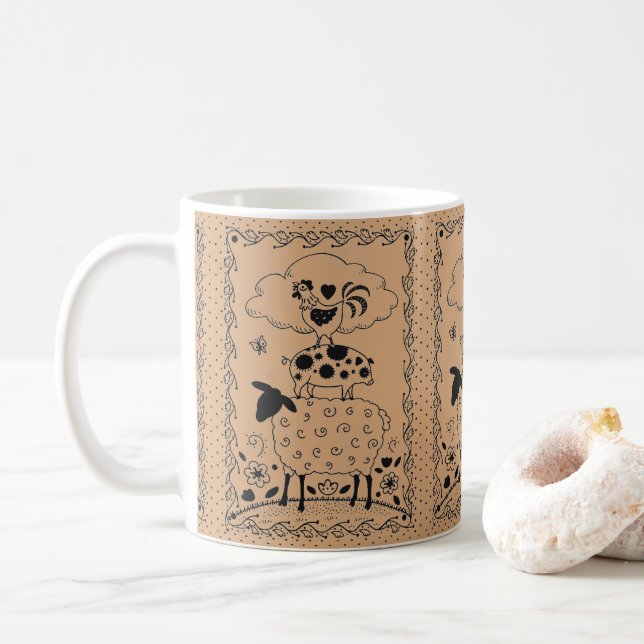 FOLK ART FARM ANIMALS SHEEP PIG ROOSTER Primitive Coffee Mug (With Donut)