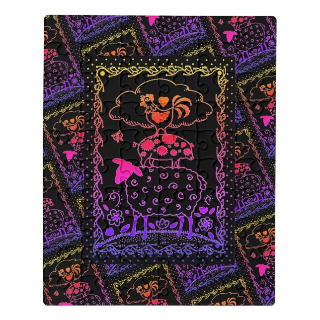 FOLK ART FARM ANIMALS SHEEP PIG ROOSTER Primitive Jigsaw Puzzle (Puzzle Vertical)