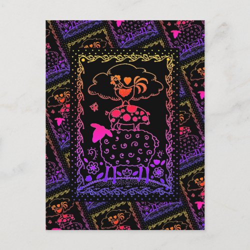 FOLK ART FARM ANIMALS SHEEP PIG ROOSTER Primitive Postcard