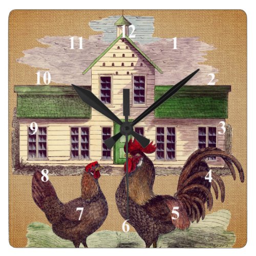 Folk Art Farmyard Chickens Rustic Design Square Wall Clock
