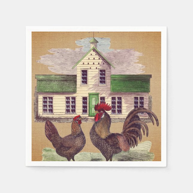 Folk Art Farmyard Chickens Rustic Design Paper Napkins (Front)