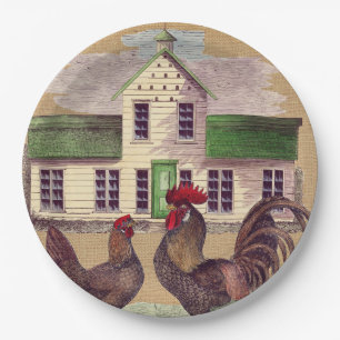 Folk Art Farmyard Chickens Rustic Design Paper Plates