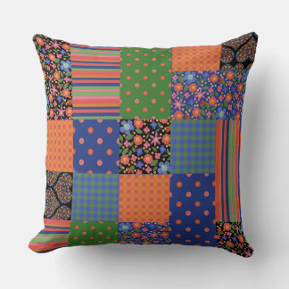 Folk Art Faux Patchwork, Floral, Polkas, Checks Throw Pillow