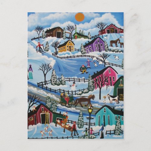 FOLK ART First Day Of Snow LORI EVERETT postcard