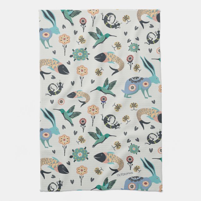 Folk art fish, turtle, lizard, bird, rabbit kitchen towel (Vertical)