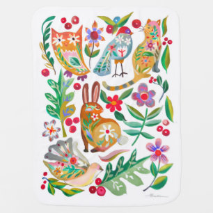 Folk Art Floral Animal Friends Baby Blanket