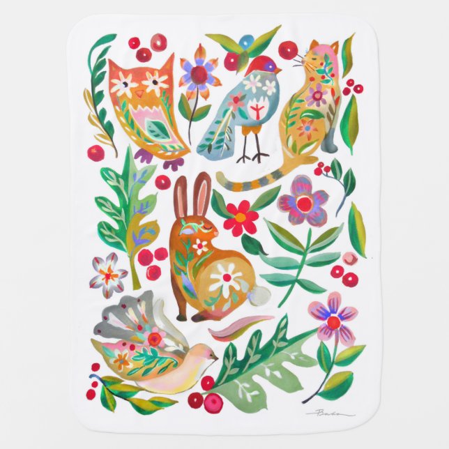 Folk Art Floral Animal Friends Baby Blanket (Front)