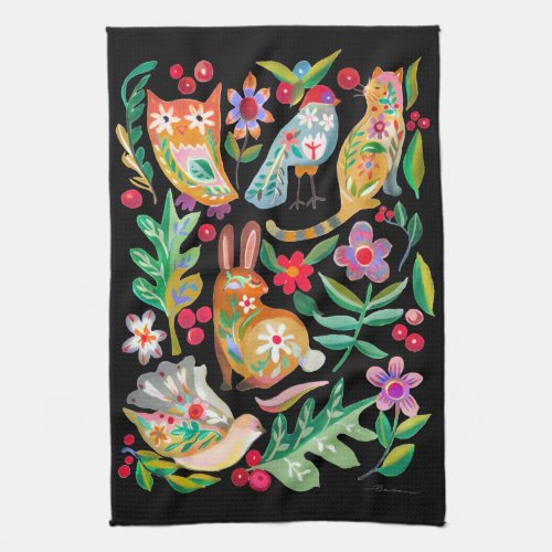 Folk Art Floral Animal Friends Black Kitchen Towel