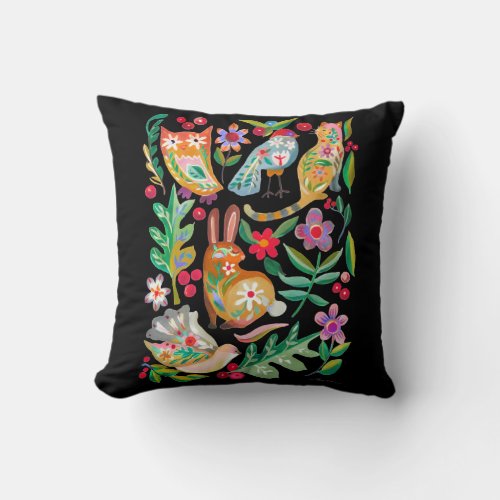 Folk Art Floral Animal Friends Black Throw Pillow