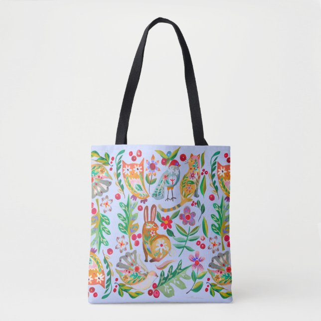Folk Art Floral Animal Friends Customizable Tote Bag (Front)