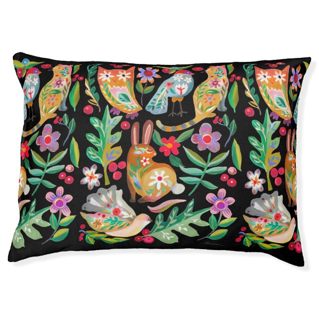 Folk Art Floral Animal Friends Large Pet Bed (Front)