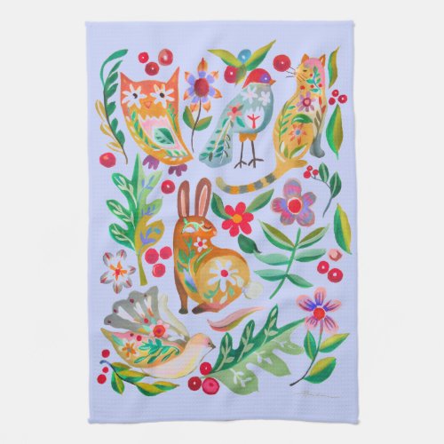 Folk Art Floral Animal Friends Pale Blue Kitchen Towel