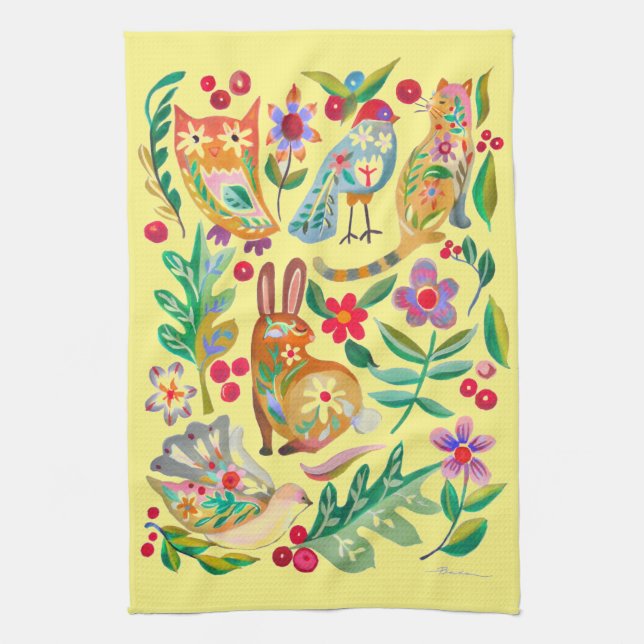Folk Art Floral Animal Friends Pale Yellow  Kitchen Towel (Vertical)