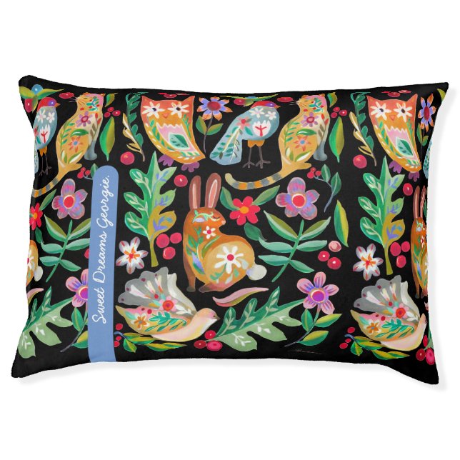 Folk Art Floral Animal Friends Personalized Large Pet Bed (Front)