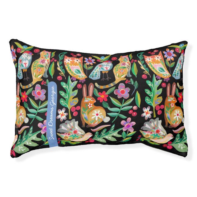 Folk Art Floral Animal Friends Personalized Small Pet Bed (Front)