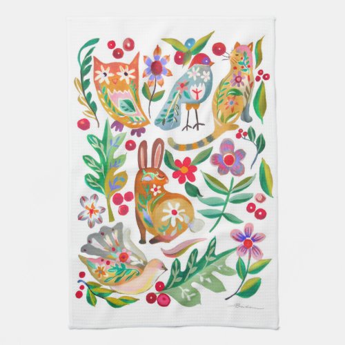 Folk Art Floral Animal Friends White  Kitchen Towel