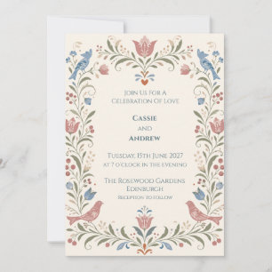 Folk Art Floral Bird Wedding Invitation