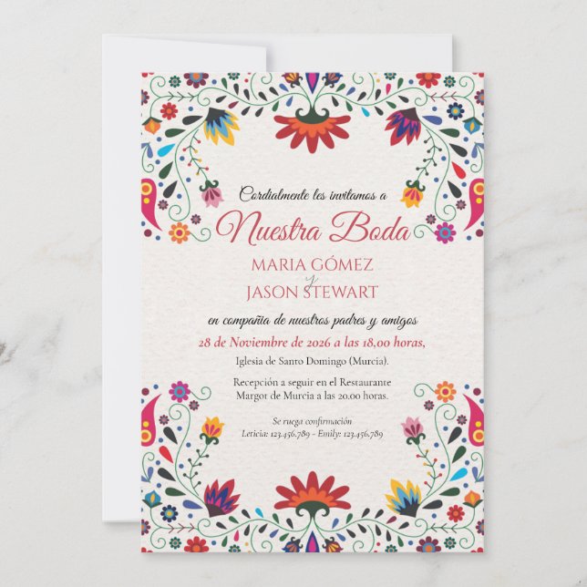 Folk Art Floral Botanical Fiesta Spanish Wedding Invitation (Front)