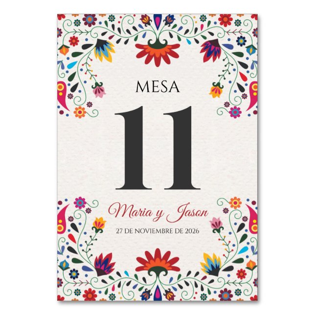 Folk Art Floral Botanical Fiesta Spanish Wedding Table Number (Front)