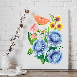 Folk Art Floral Bouquet Blue Pink Yellow Flowers Canvas Print