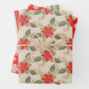 Folk Art Floral Christmas Poinsettia Set of 3 Wrapping Paper Sheets