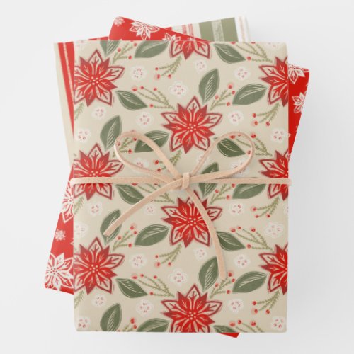Folk Art Floral Christmas Poinsettia Set of 3 Wrapping Paper Sheets