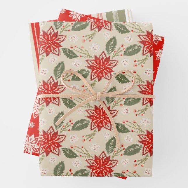 Folk Art Floral Christmas Poinsettia Set of 3 Wrapping Paper Sheets (In situ)