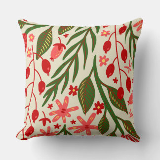Folk-Art Floral & Crimson Berry Accent Throw Pillow