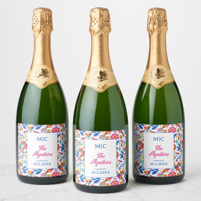 Folk Art Floral Fiesta Monogram Wedding Decor Sparkling Wine Label (Bottles)
