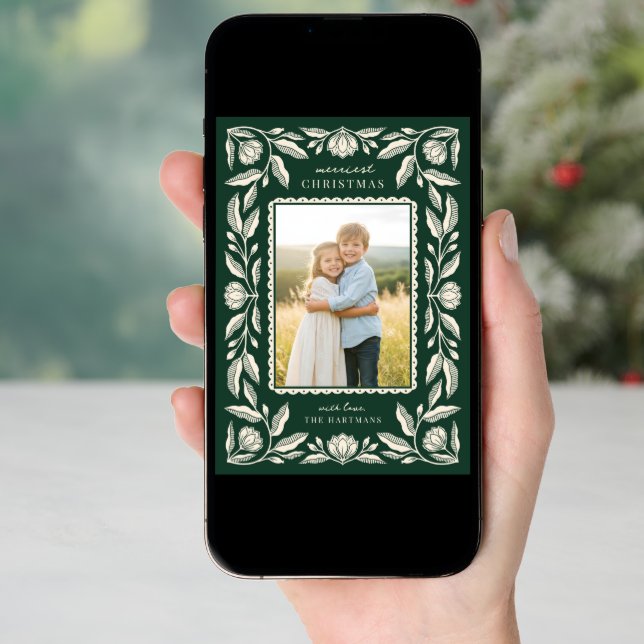Folk Art Floral Frame Christmas 4 Photo Holiday Card (Front Digital)