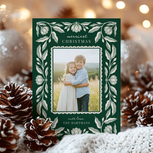 Folk Art Floral Frame Christmas Photo Holiday Card (Creator Uploaded)