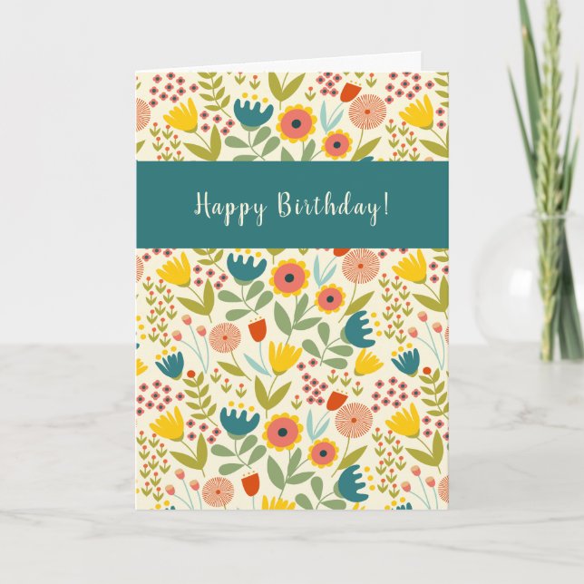Folk Art Floral Happy Birthday Add an Age Greeting Card (Front)