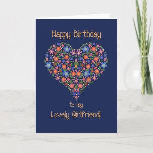 Folk Art Floral Heart Birthday Card for Girlfriend