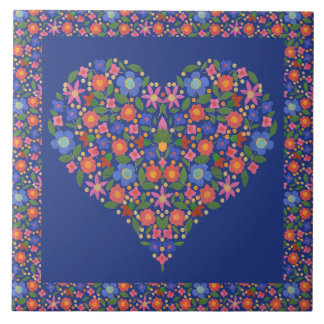 Folk Art Floral Heart on Royal Blue Ceramic Tile